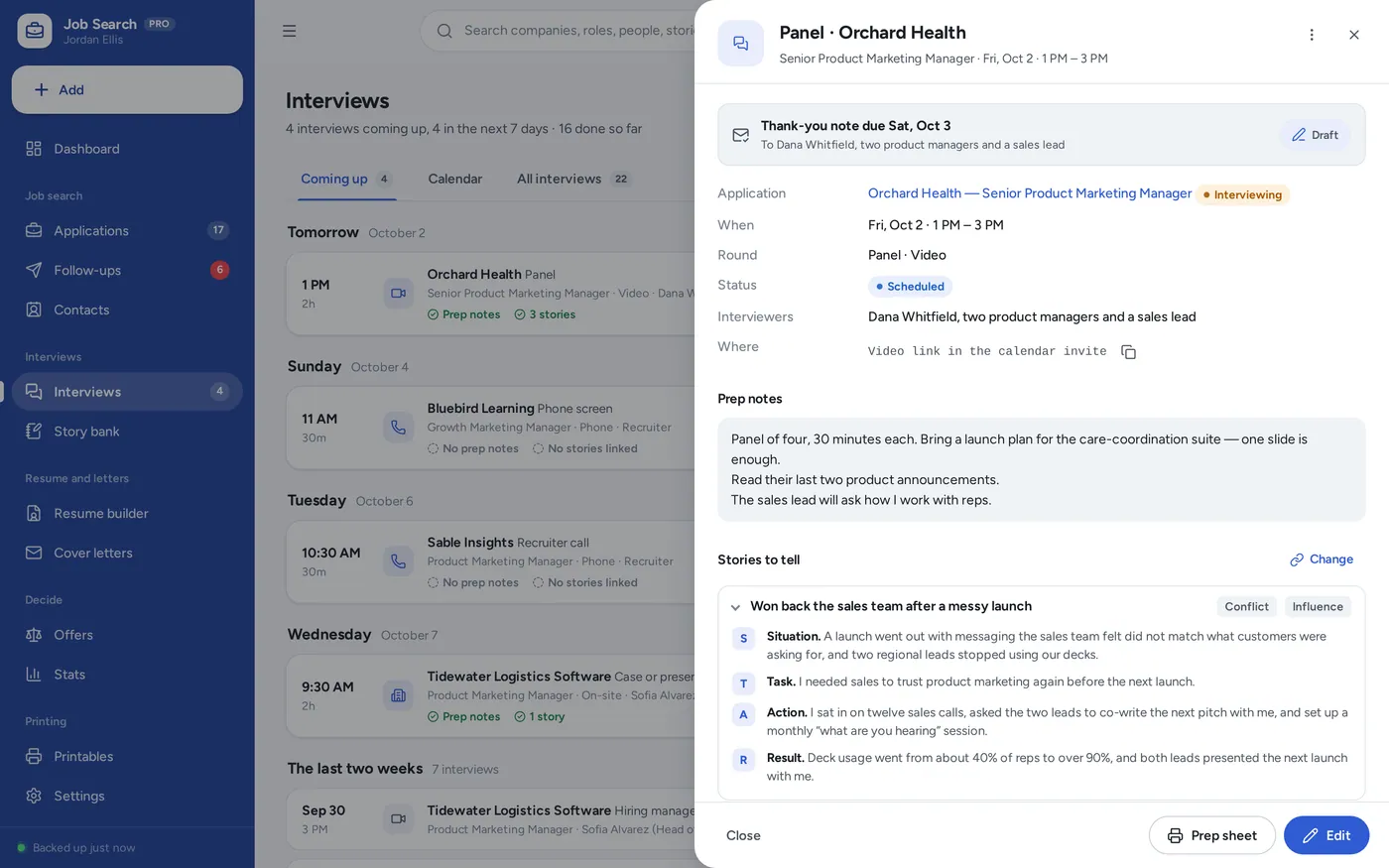 Interview prep screen in Job Search Planner