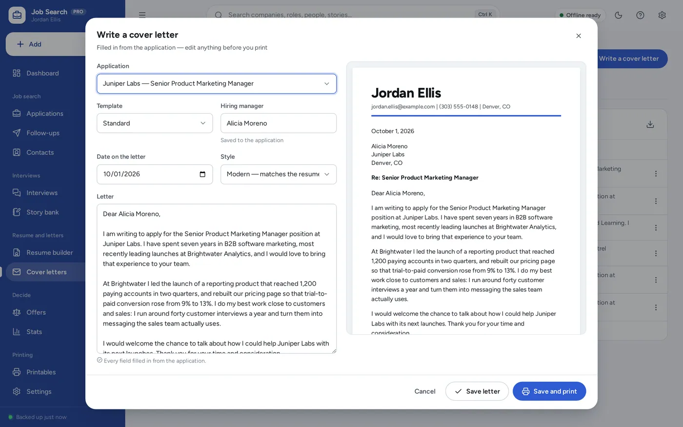 Cover letter template screen in Job Search Planner