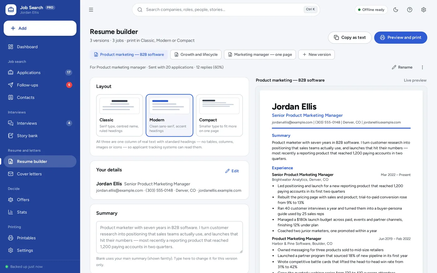 Resume builder screen in Job Search Planner