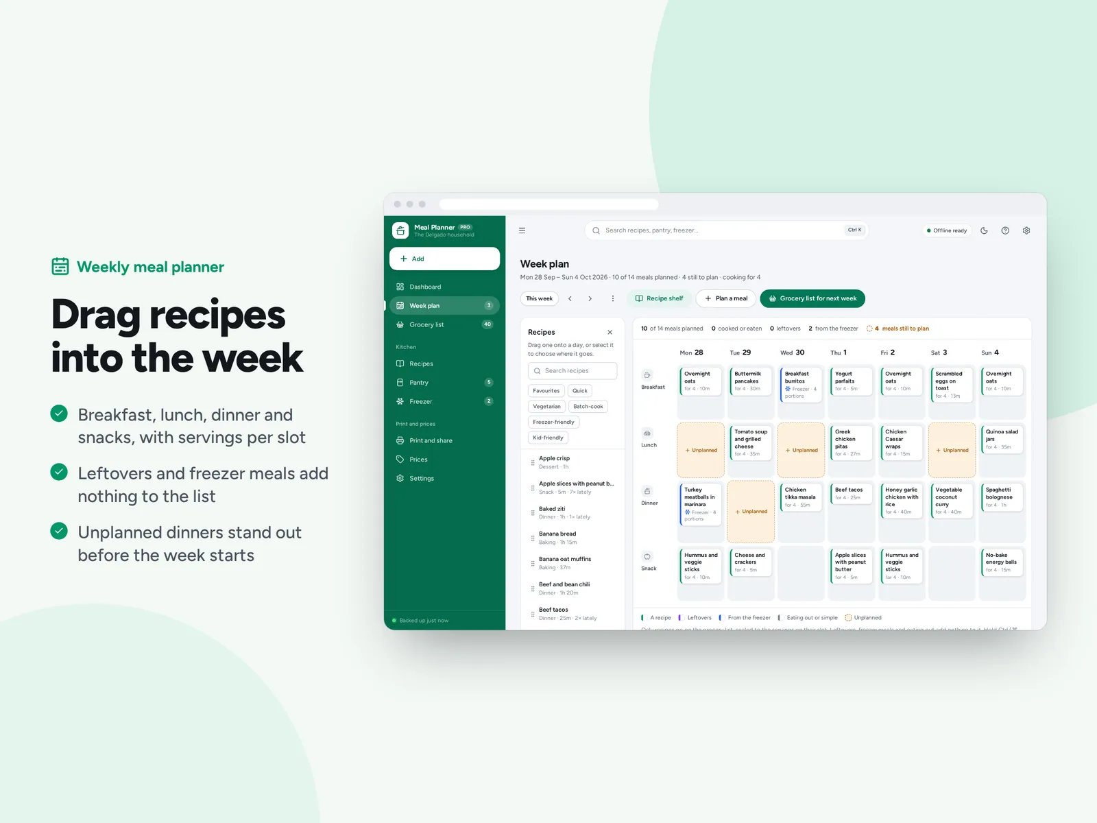 Drag recipes into the week