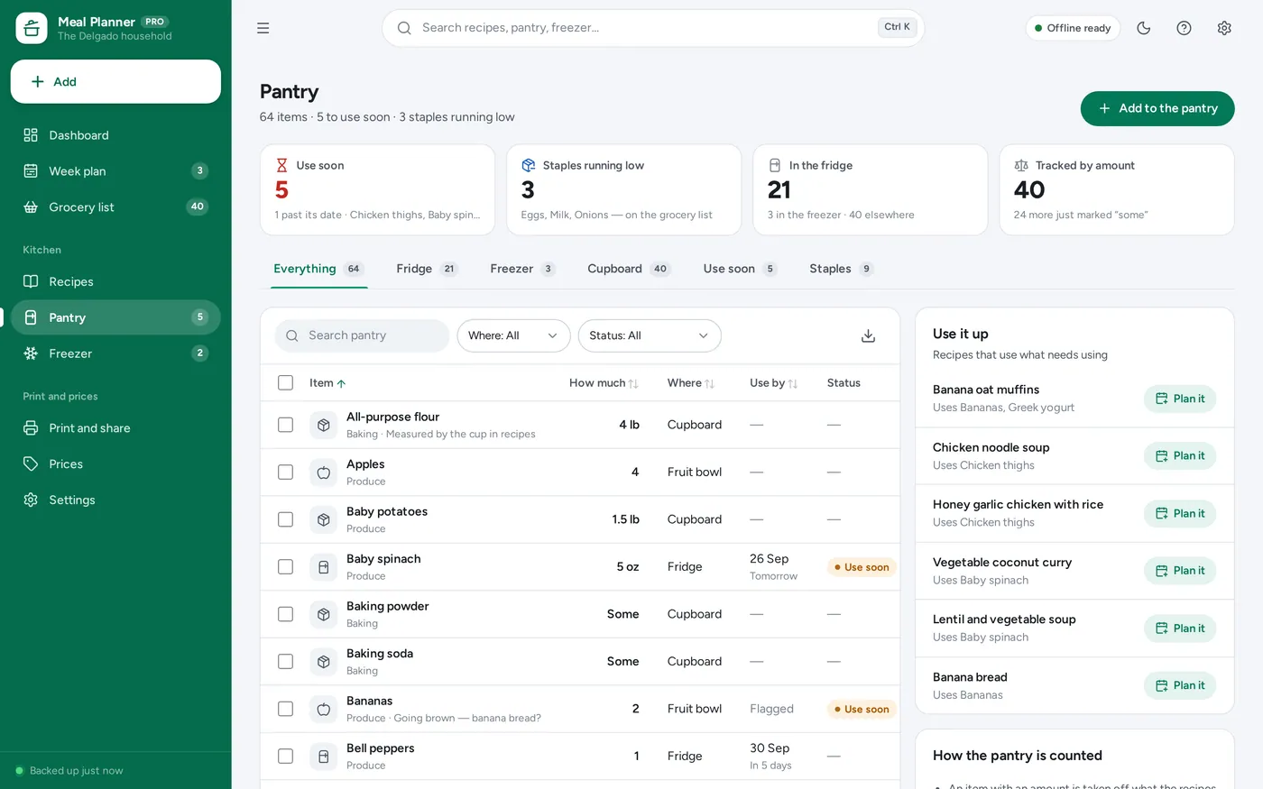 Pantry inventory screen in Meal Planner