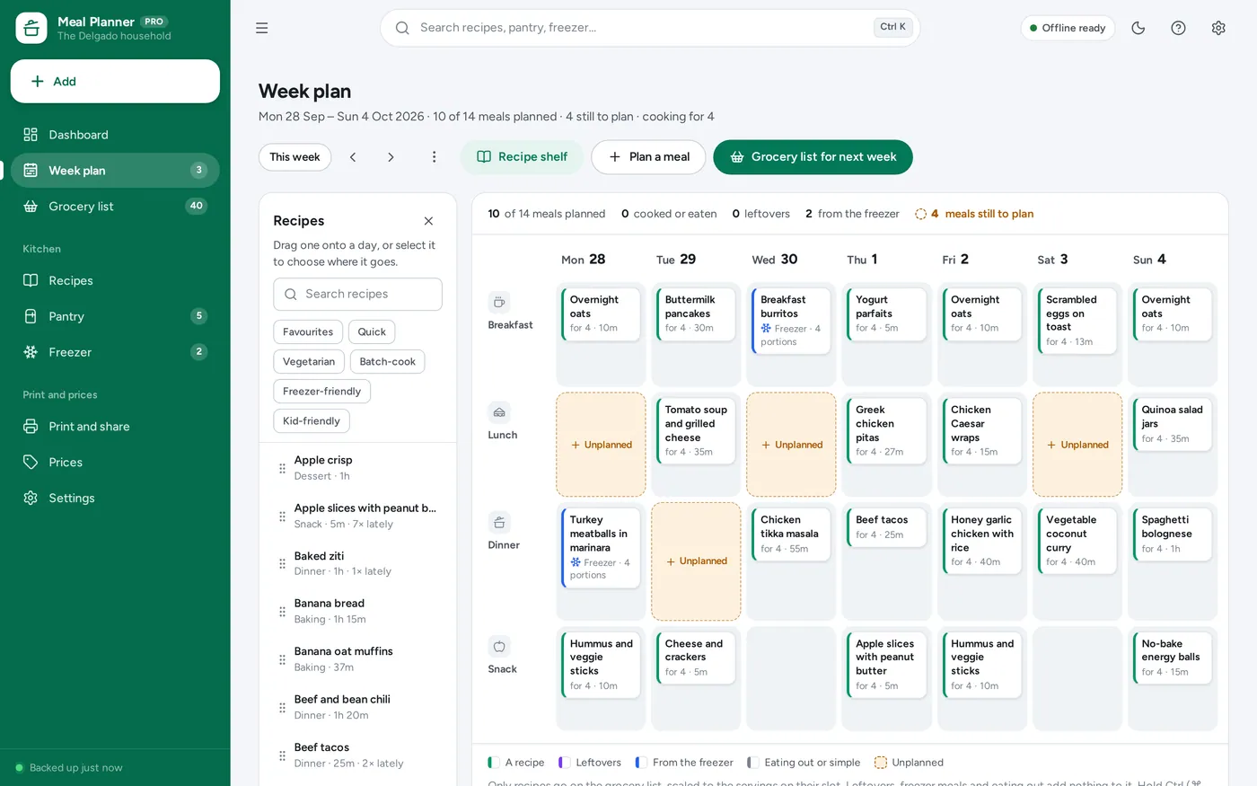 Weekly meal planner screen in Meal Planner