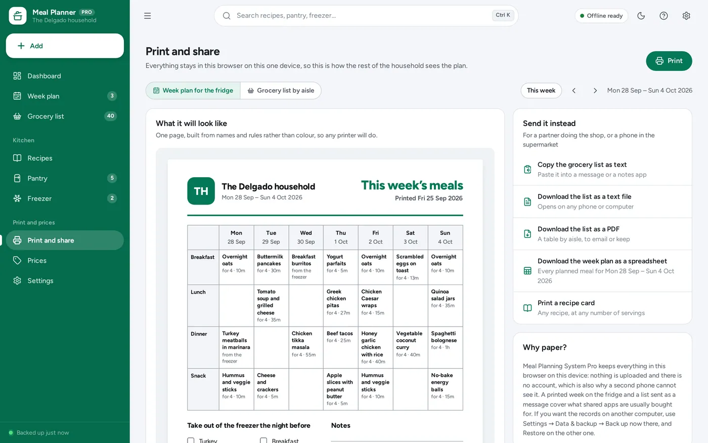 Print and share screen in Meal Planner