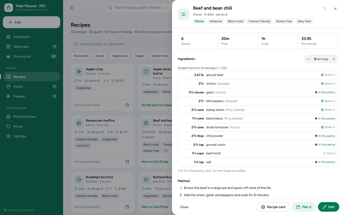 Recipe organizer screen in Meal Planner
