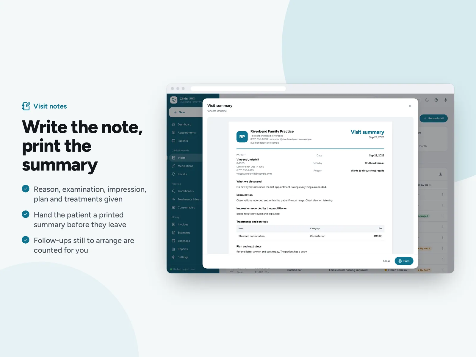 Write the note, print the summary