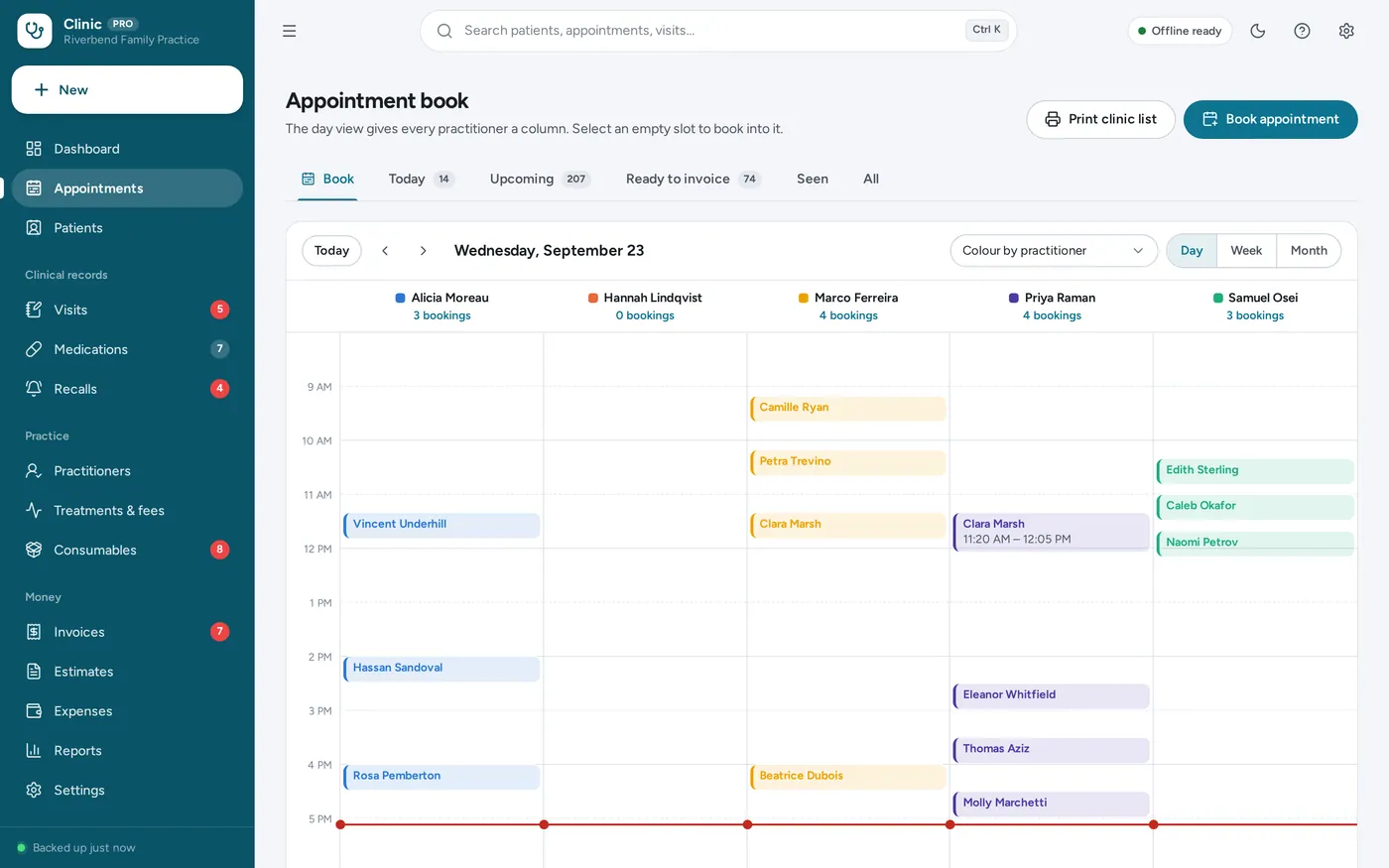 Appointment book screen in Medical Clinic Manager
