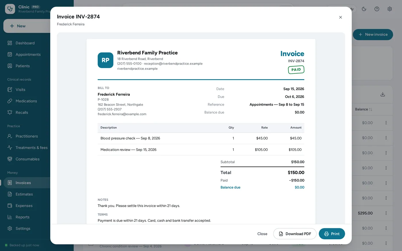Invoices & payments screen in Medical Clinic Manager