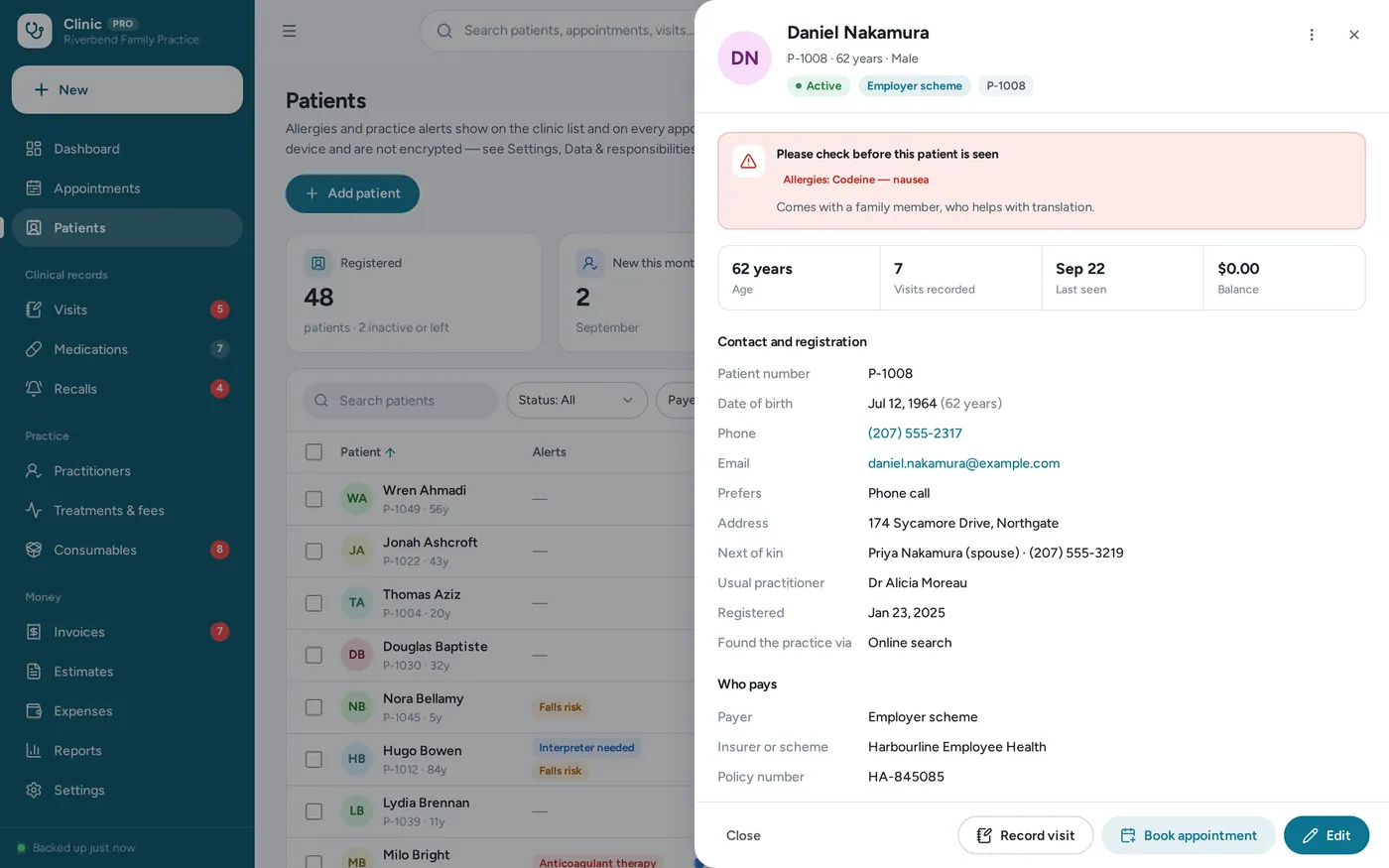 Patient records screen in Medical Clinic Manager