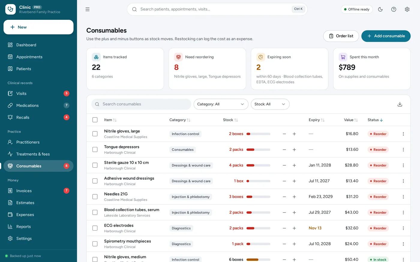 Consumables screen in Medical Clinic Manager