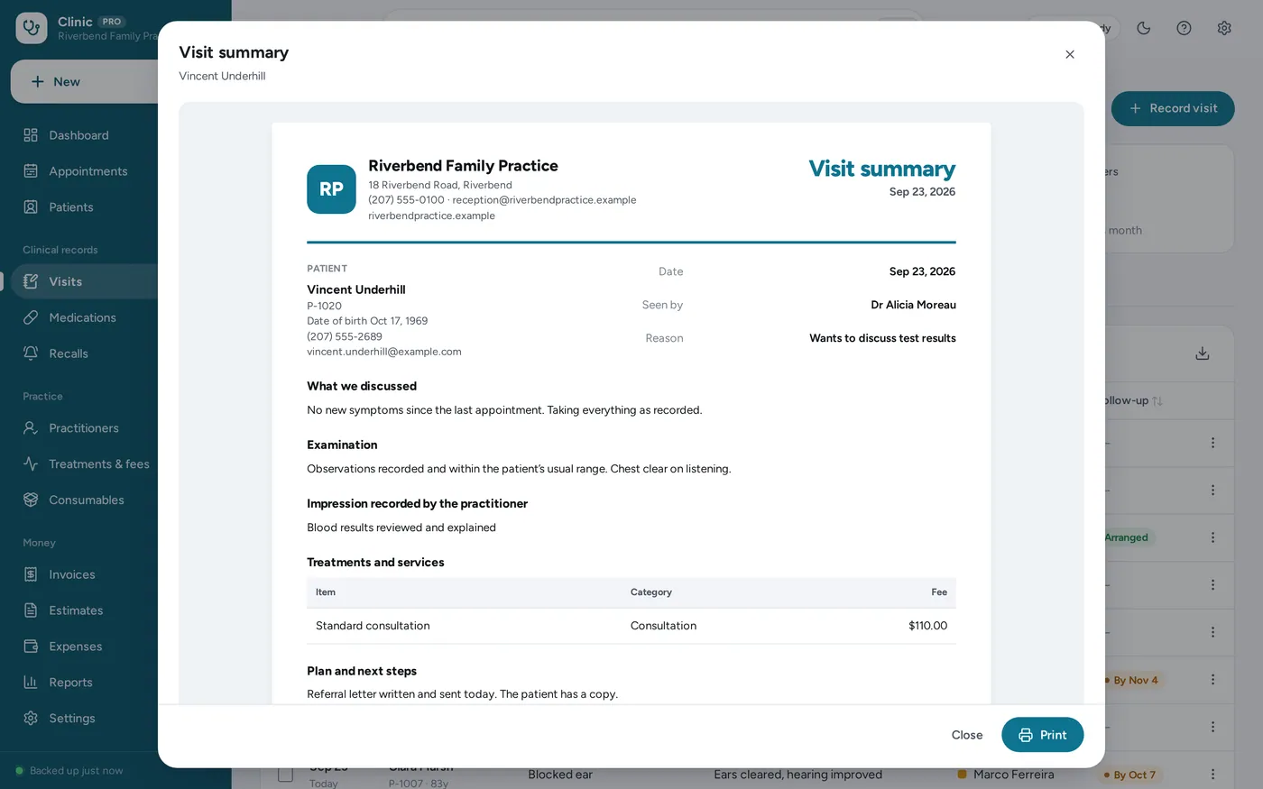 Visit notes screen in Medical Clinic Manager