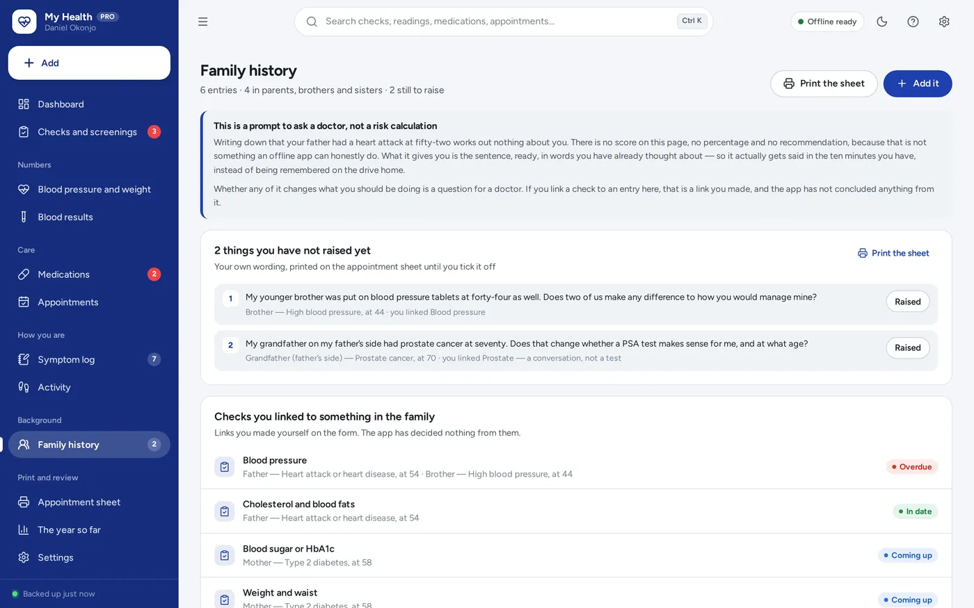 Family history screen in Men's Health Organizer