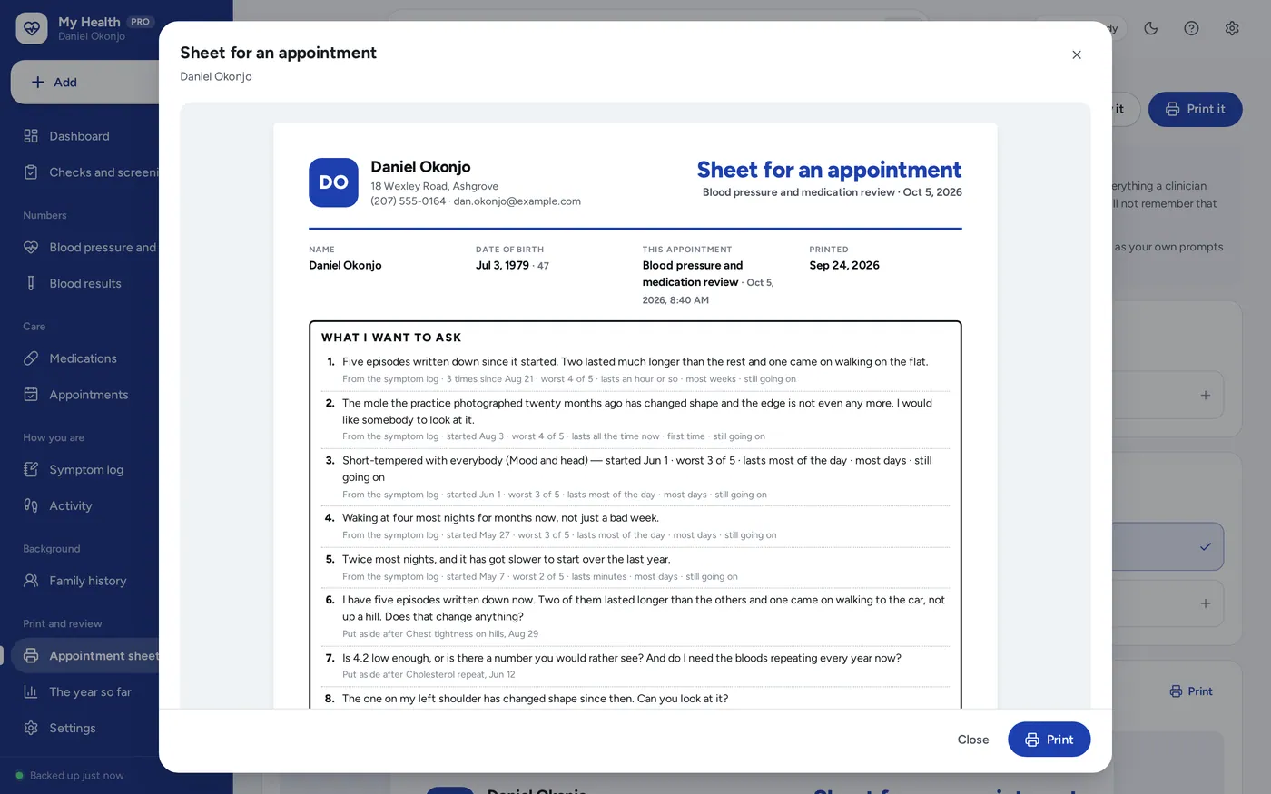 The appointment sheet screen in Men's Health Organizer