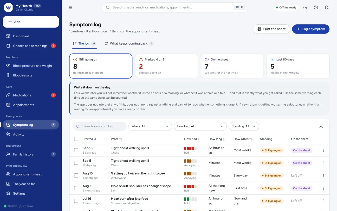 Symptom log screen in Men's Health Organizer