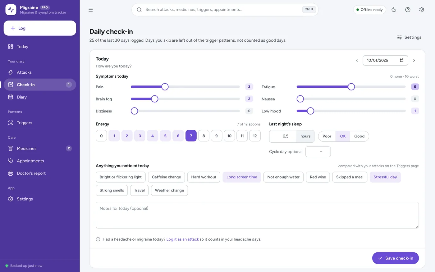 Symptom tracker for chronic illness screen in Migraine & Symptom Tracker