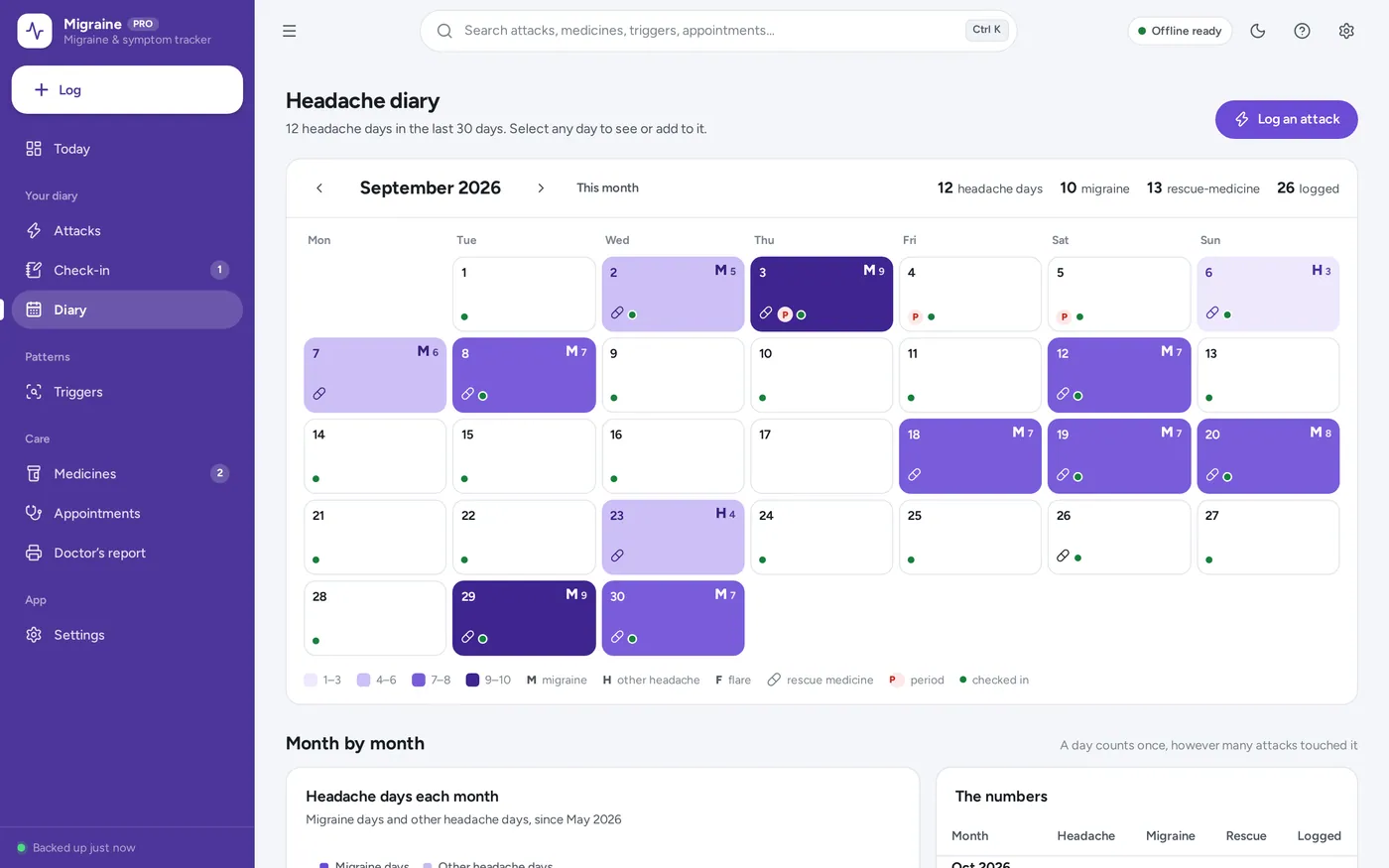 Headache diary screen in Migraine & Symptom Tracker