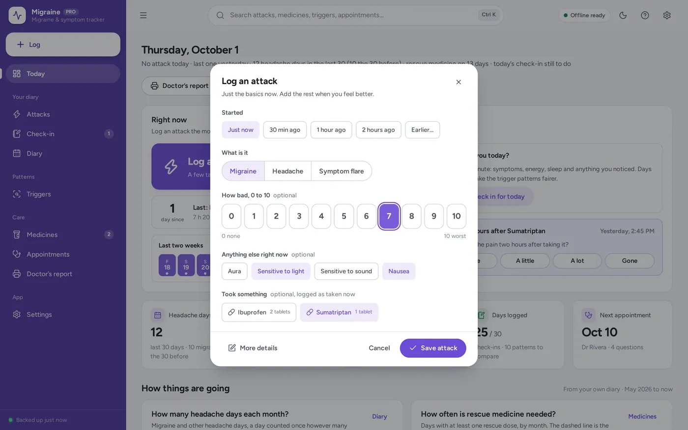 Migraine log screen in Migraine & Symptom Tracker