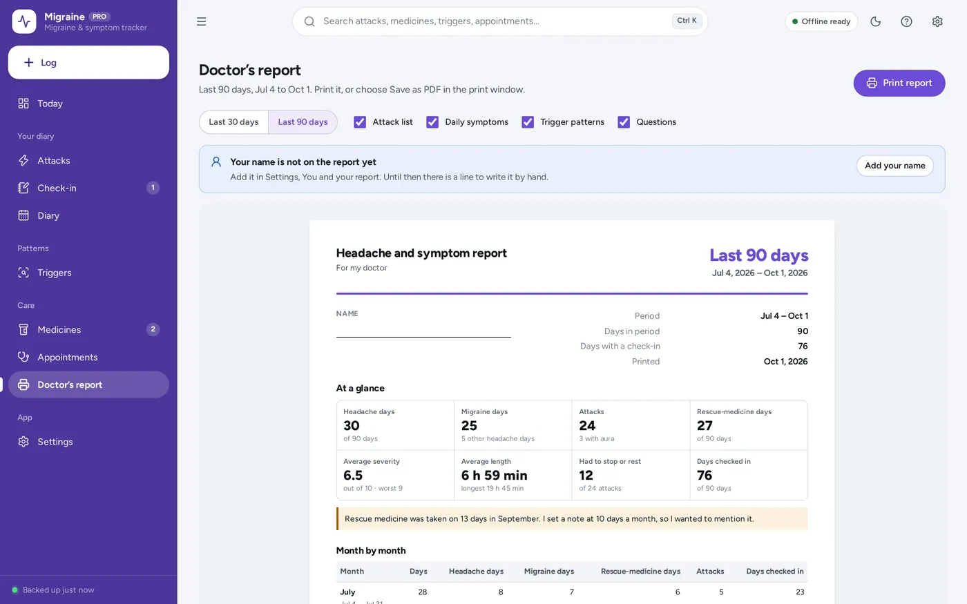 Printable doctor’s report screen in Migraine & Symptom Tracker