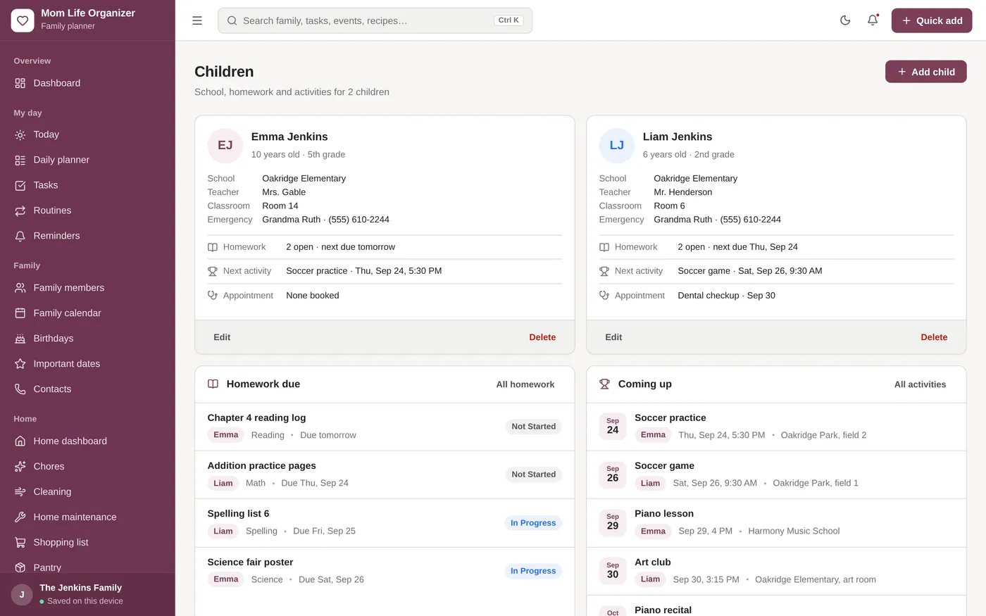 Children & school screen in Mom Life Organizer