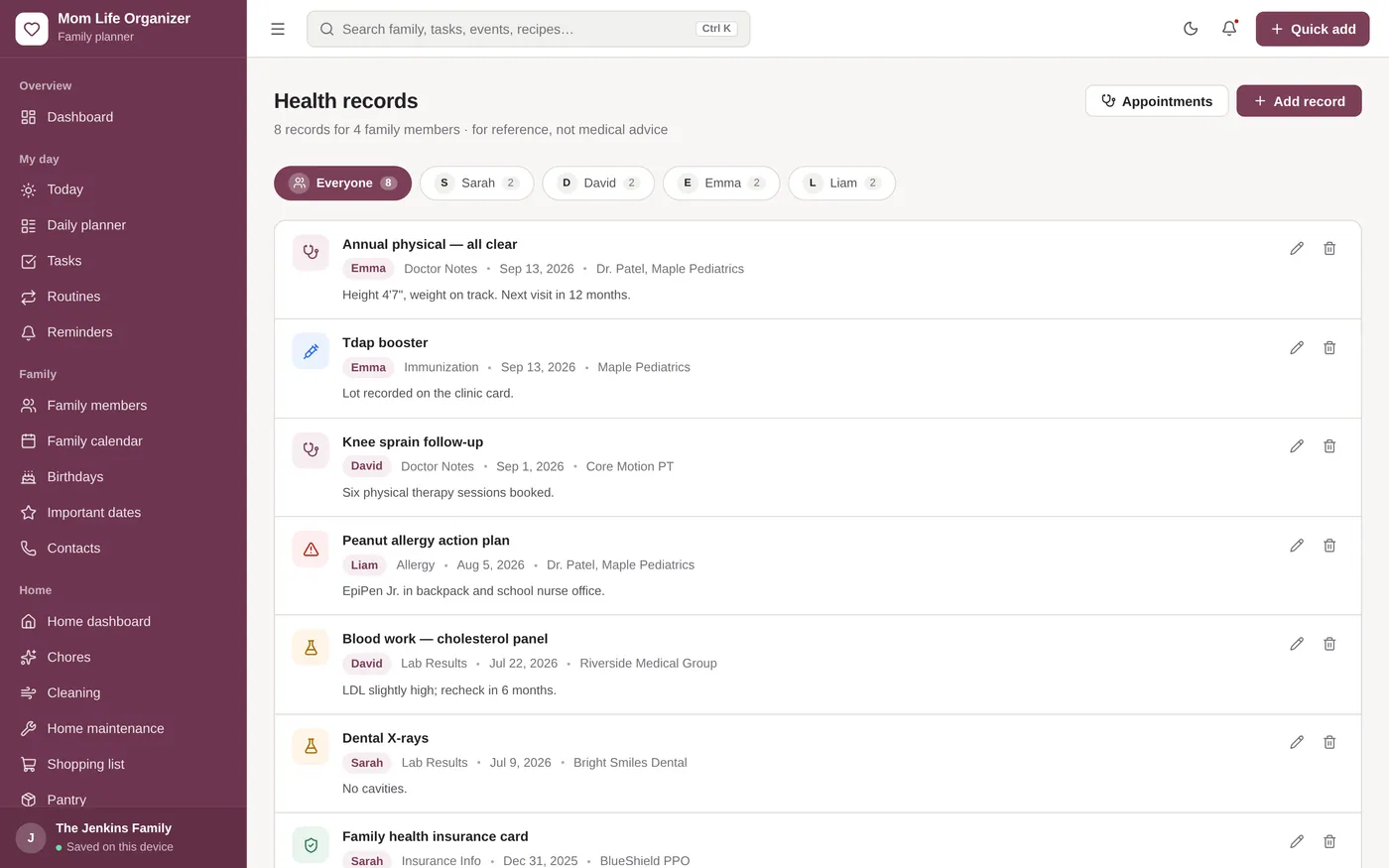 Health records screen in Mom Life Organizer