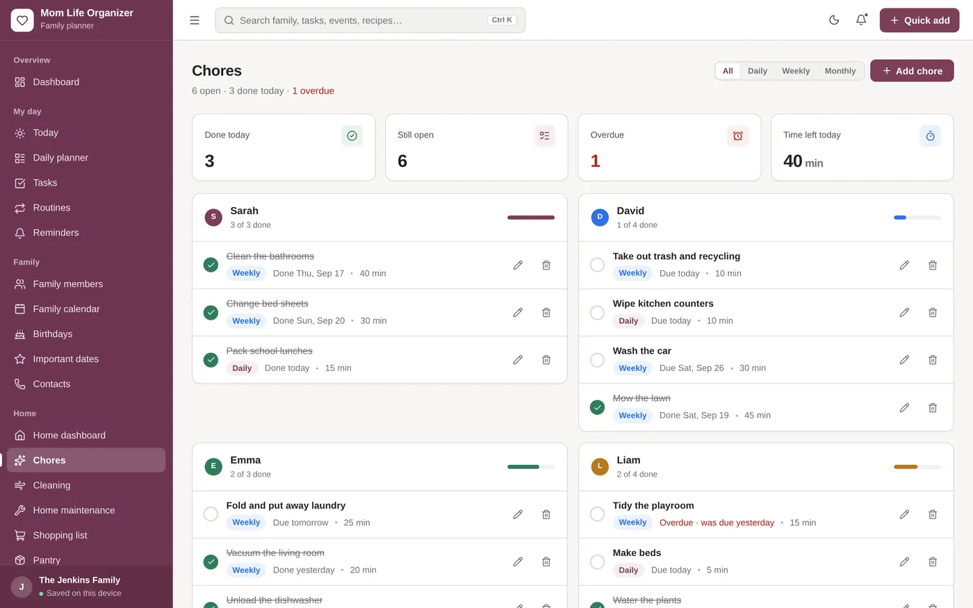 Chores screen in Mom Life Organizer