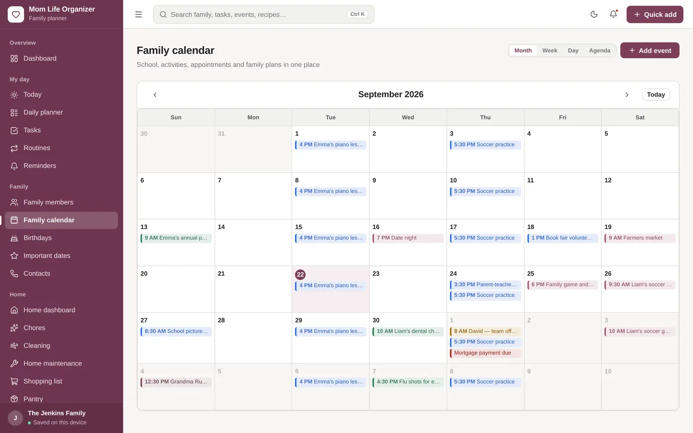 Family calendar screen in Mom Life Organizer