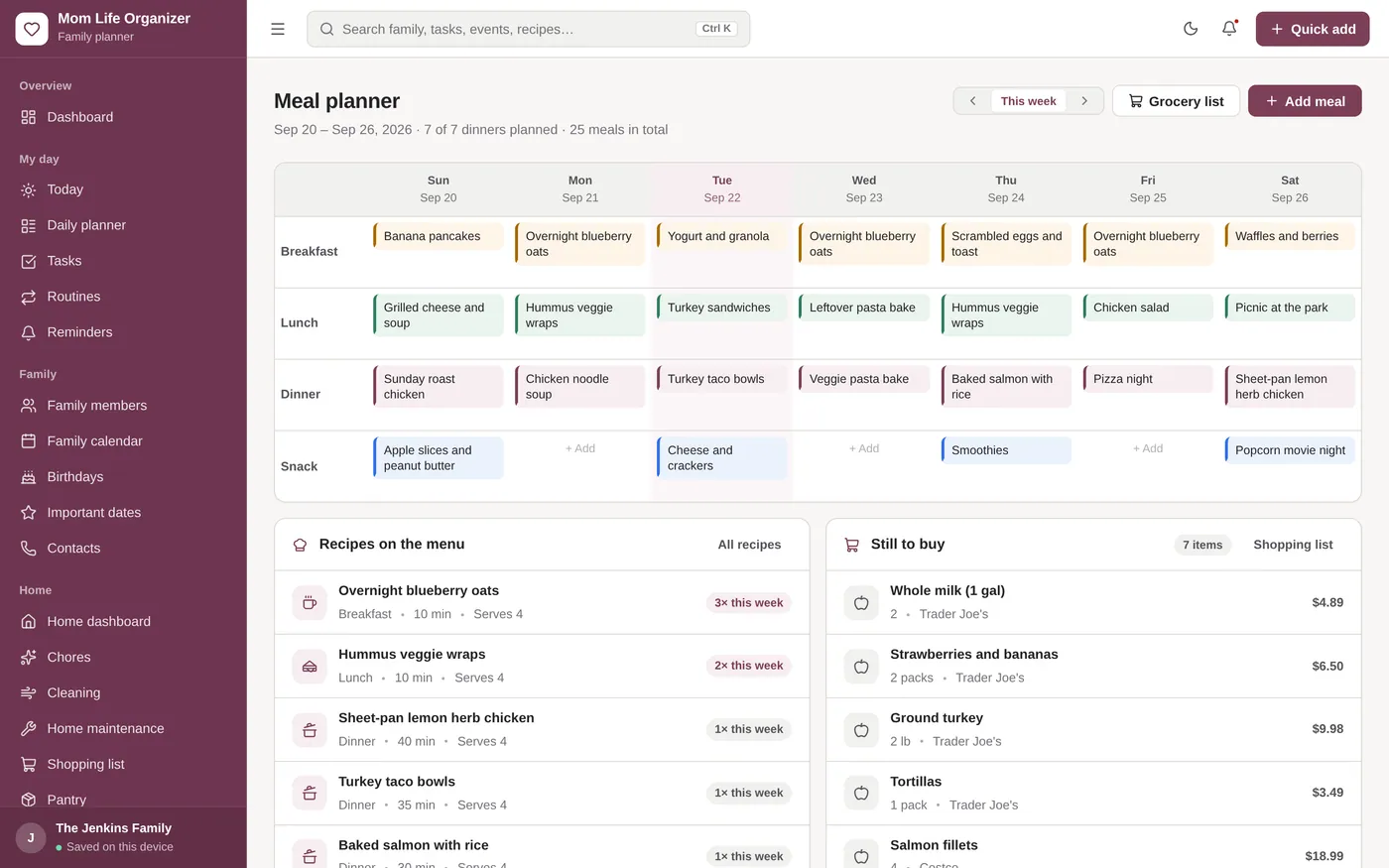 Meal planner screen in Mom Life Organizer