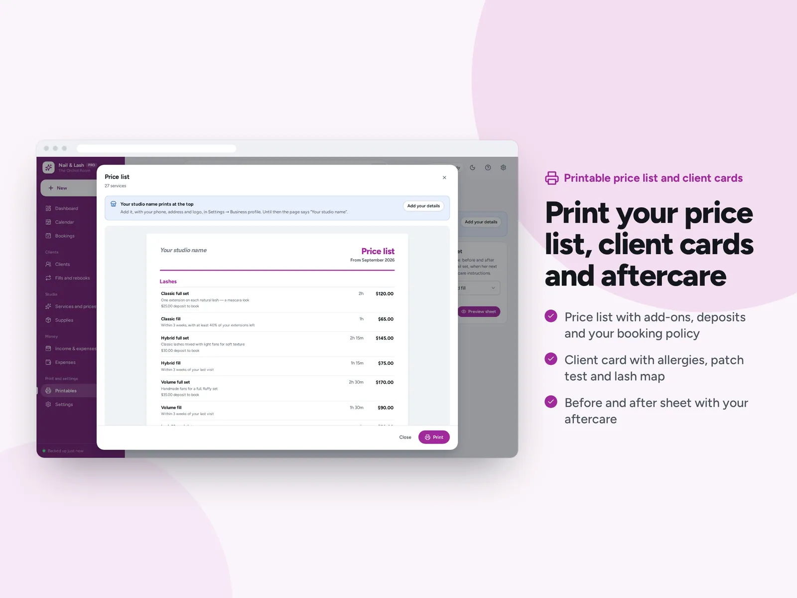 Print your price list, client cards and aftercare