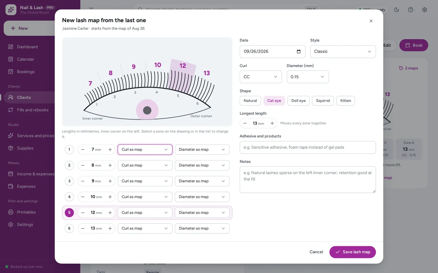 Lash map tracker screen in Nail & Lash Tech Planner