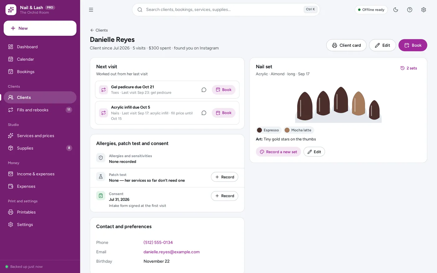Nail tech client tracker screen in Nail & Lash Tech Planner