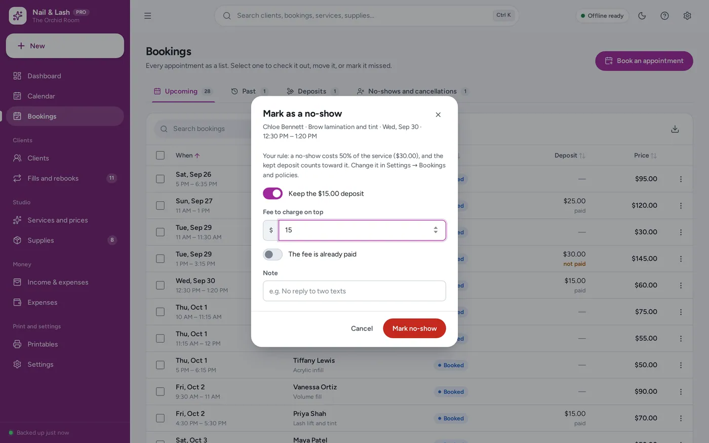 Deposits and no-shows screen in Nail & Lash Tech Planner