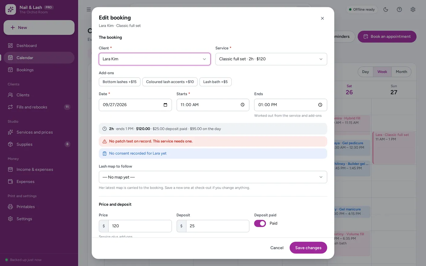 Patch tests and consent screen in Nail & Lash Tech Planner