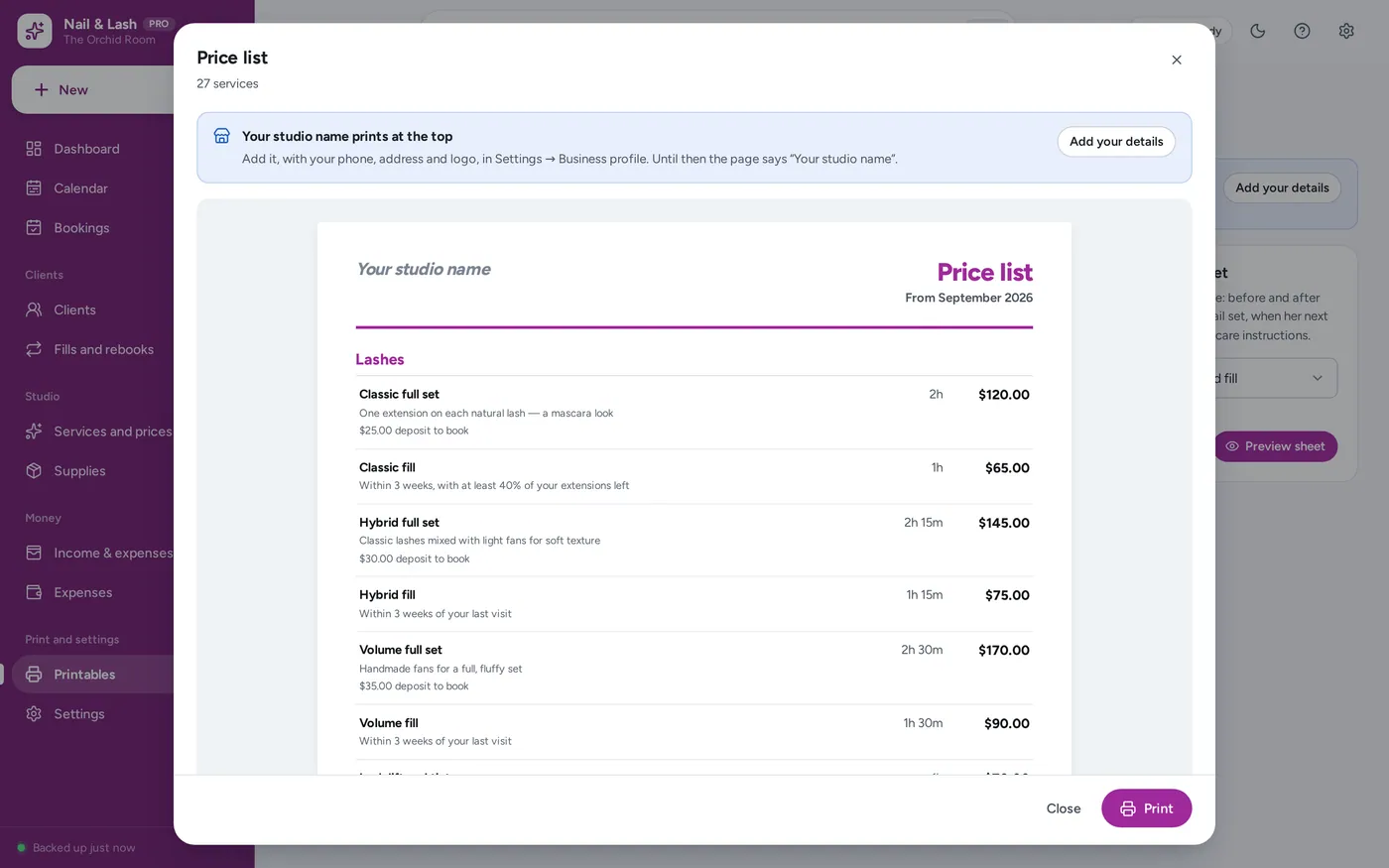 Printable price list and client cards screen in Nail & Lash Tech Planner