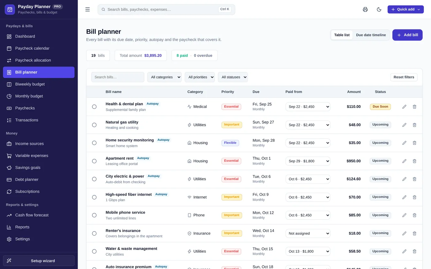 Bill planner screen in Payday & Bill Planner