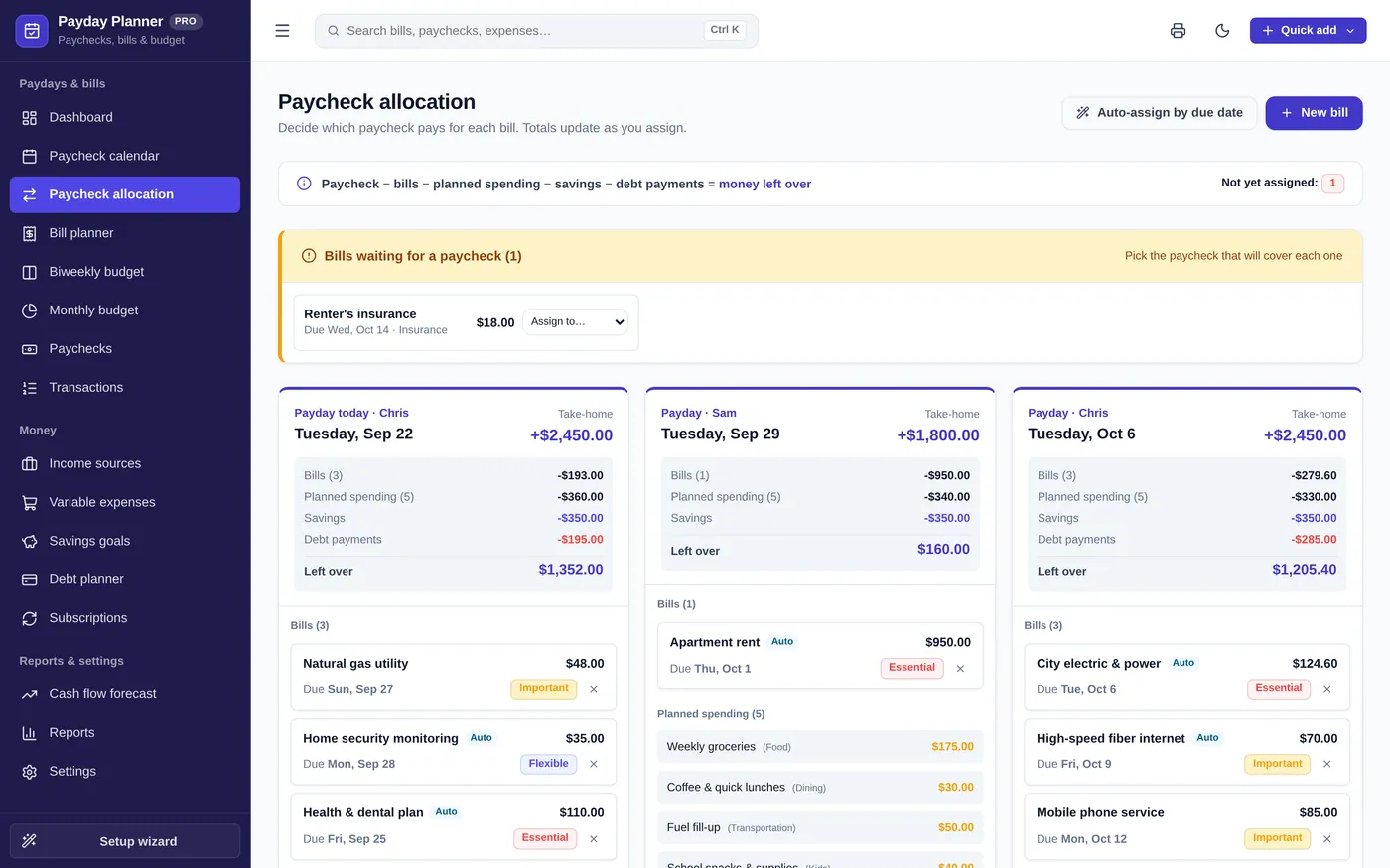 Paycheck allocation screen in Payday & Bill Planner