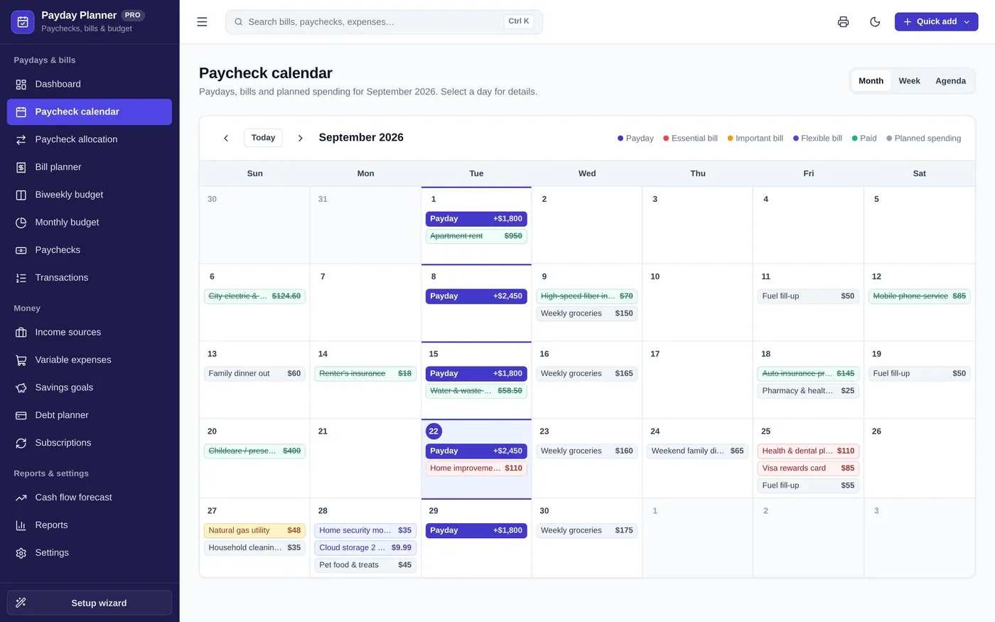 Paycheck calendar screen in Payday & Bill Planner