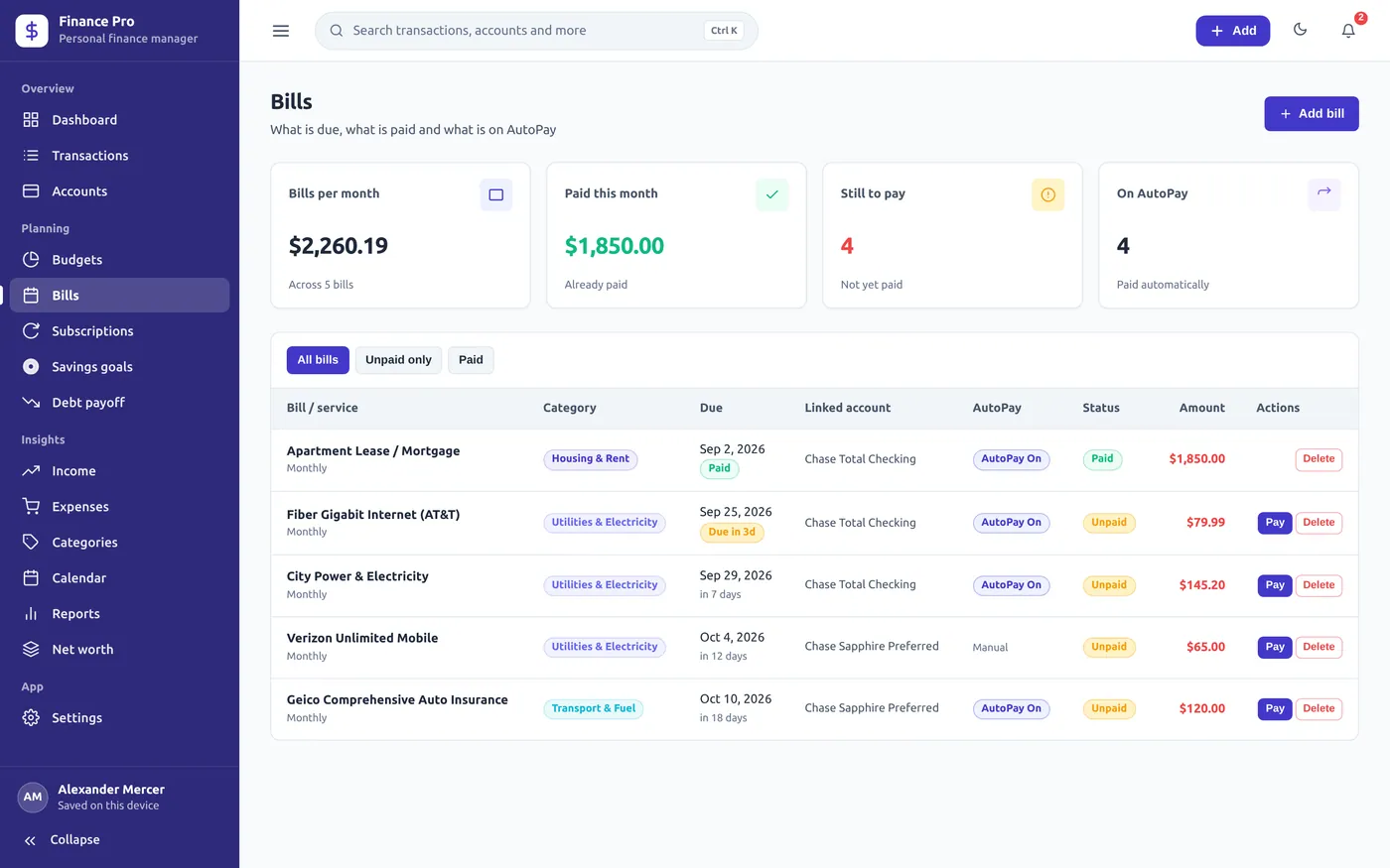 Bills screen in Personal Finance Manager