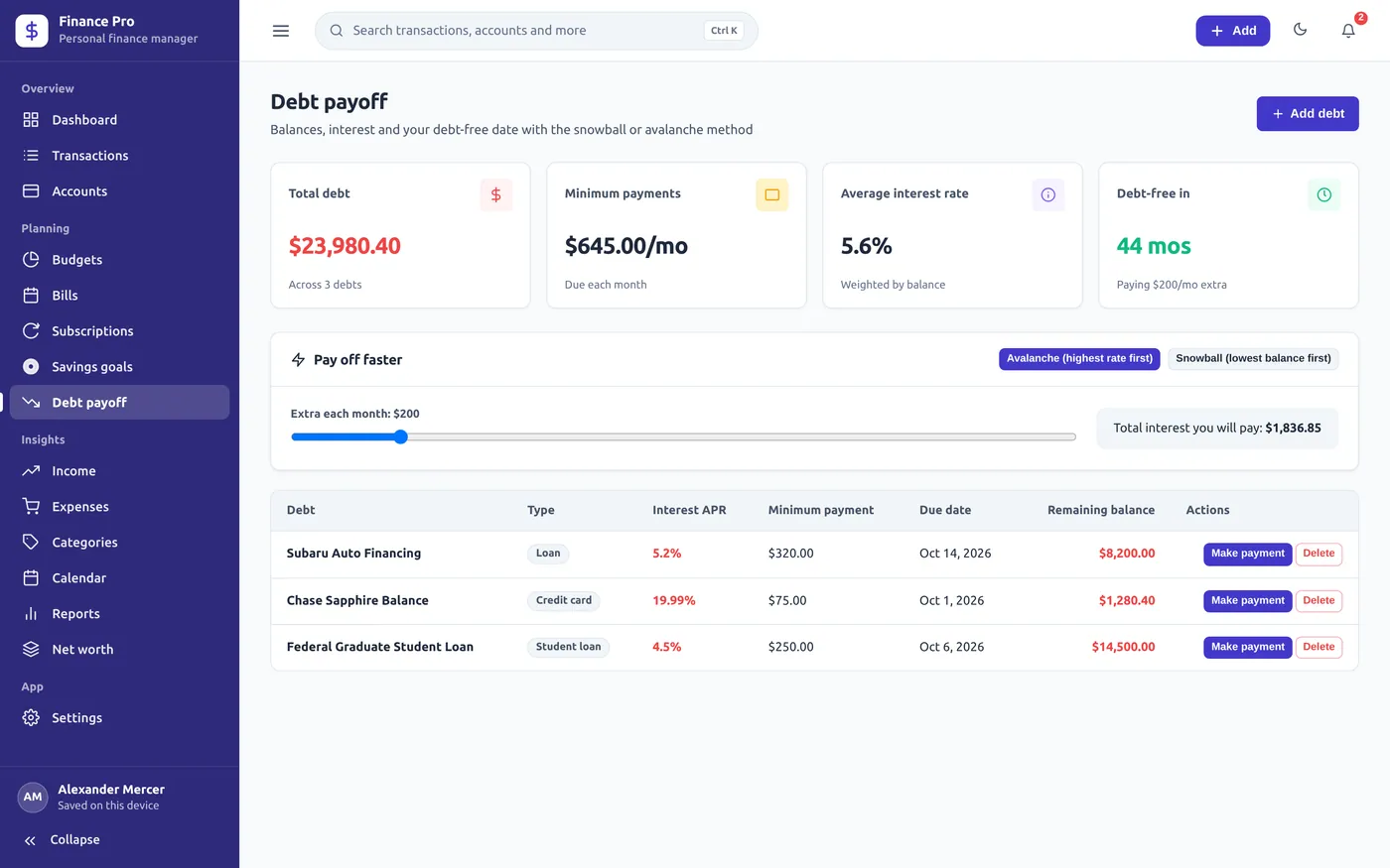 Debt payoff screen in Personal Finance Manager