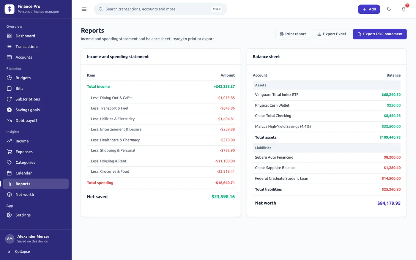 Reports screen in Personal Finance Manager