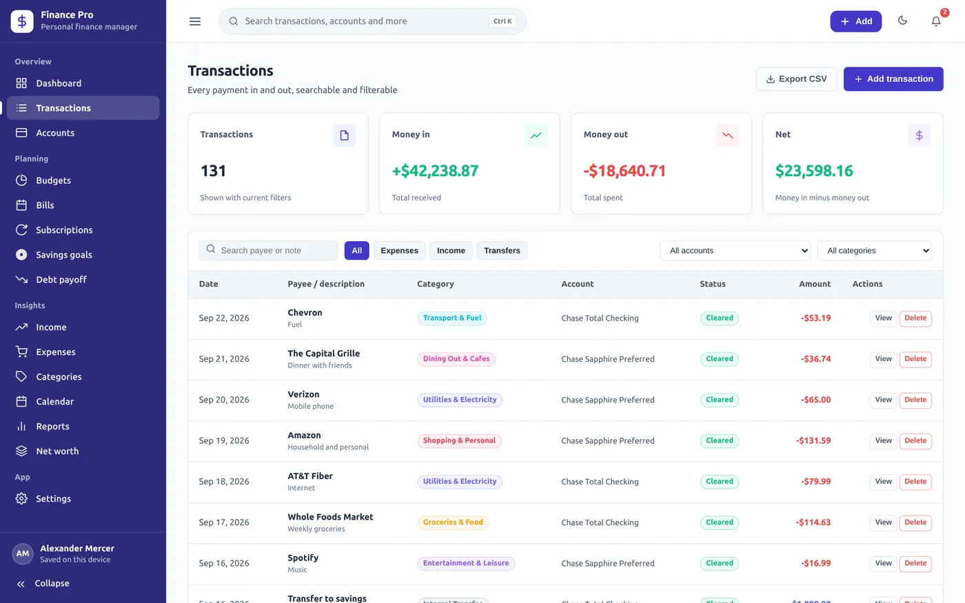 Transactions screen in Personal Finance Manager