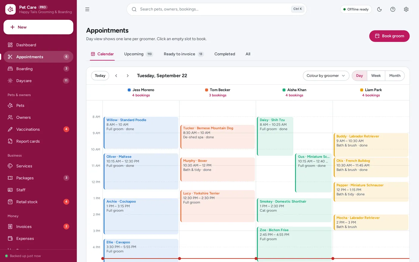 Grooming calendar screen in Pet Grooming & Boarding Manager