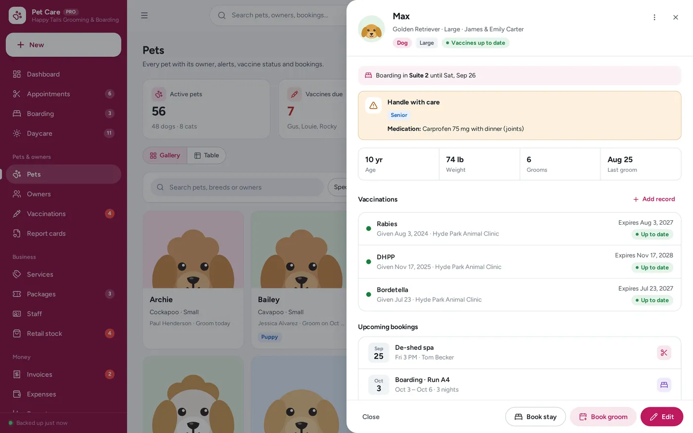 Pet profiles screen in Pet Grooming & Boarding Manager