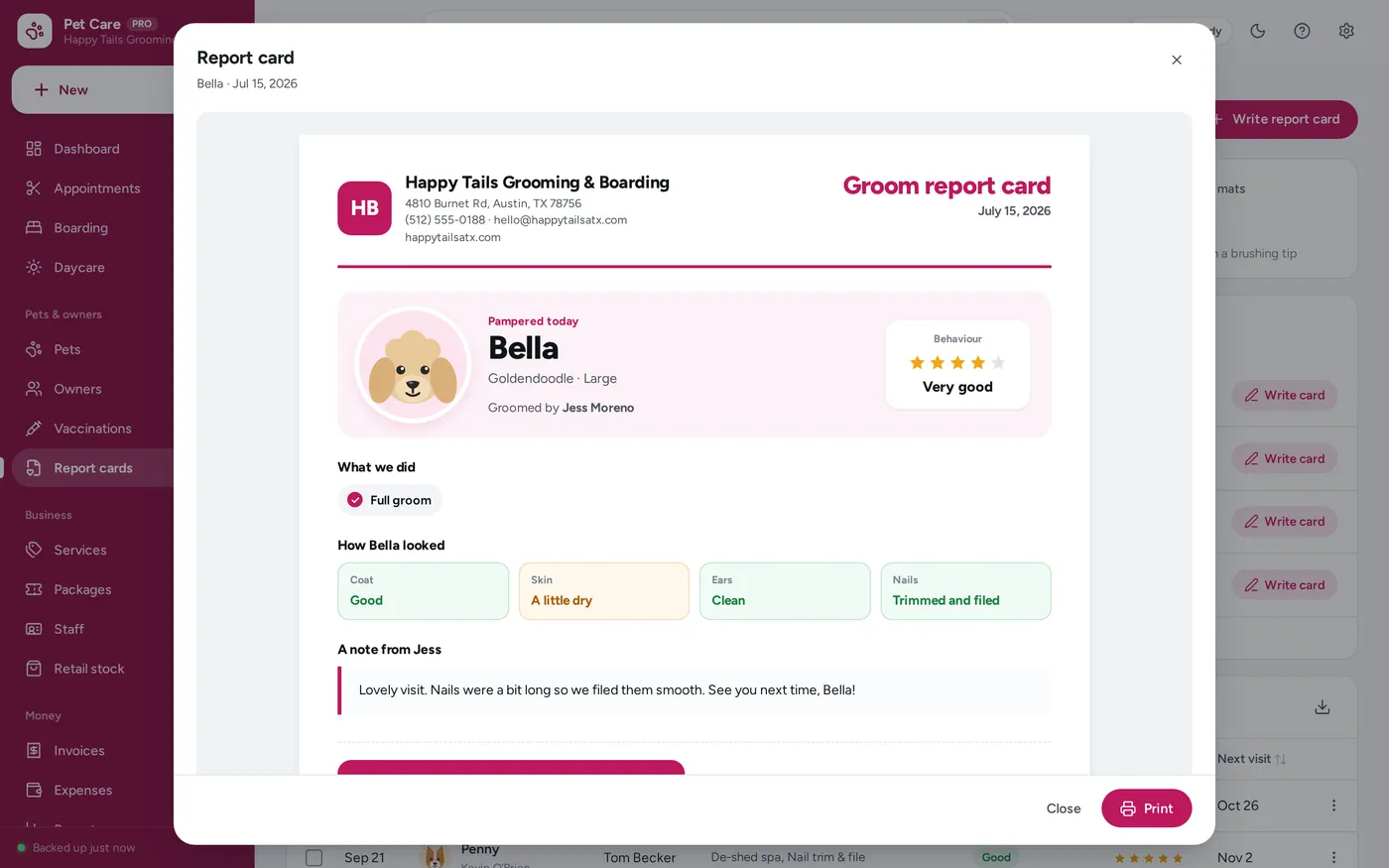 Report cards screen in Pet Grooming & Boarding Manager