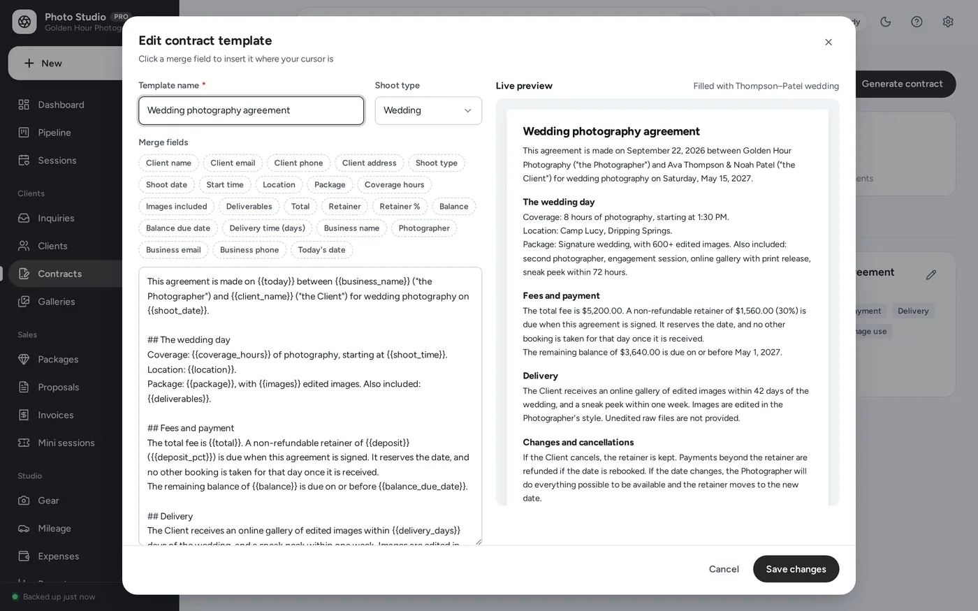 Contracts screen in Photography Studio Manager