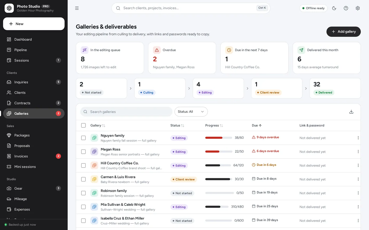 Galleries & deliverables screen in Photography Studio Manager