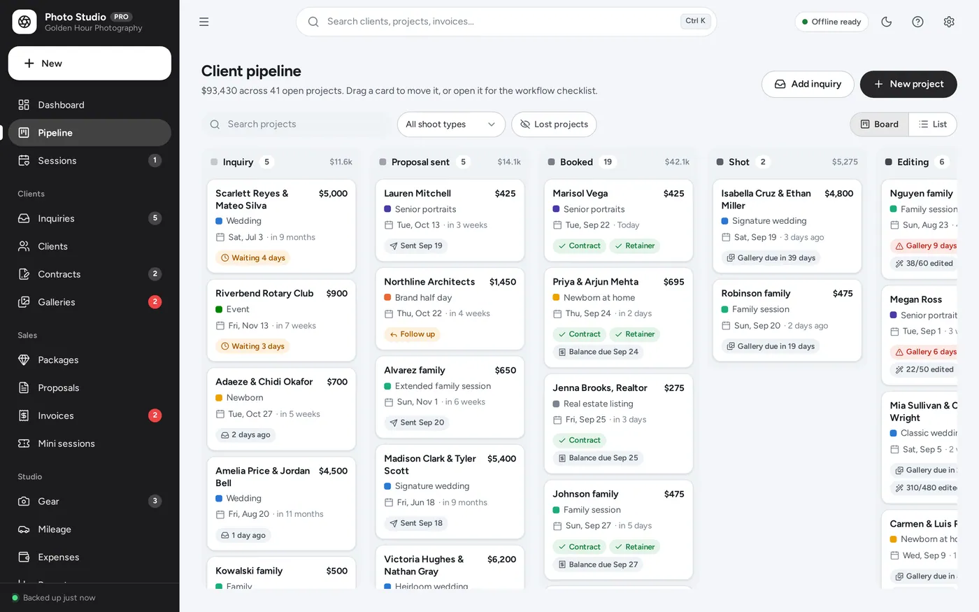 Client pipeline screen in Photography Studio Manager