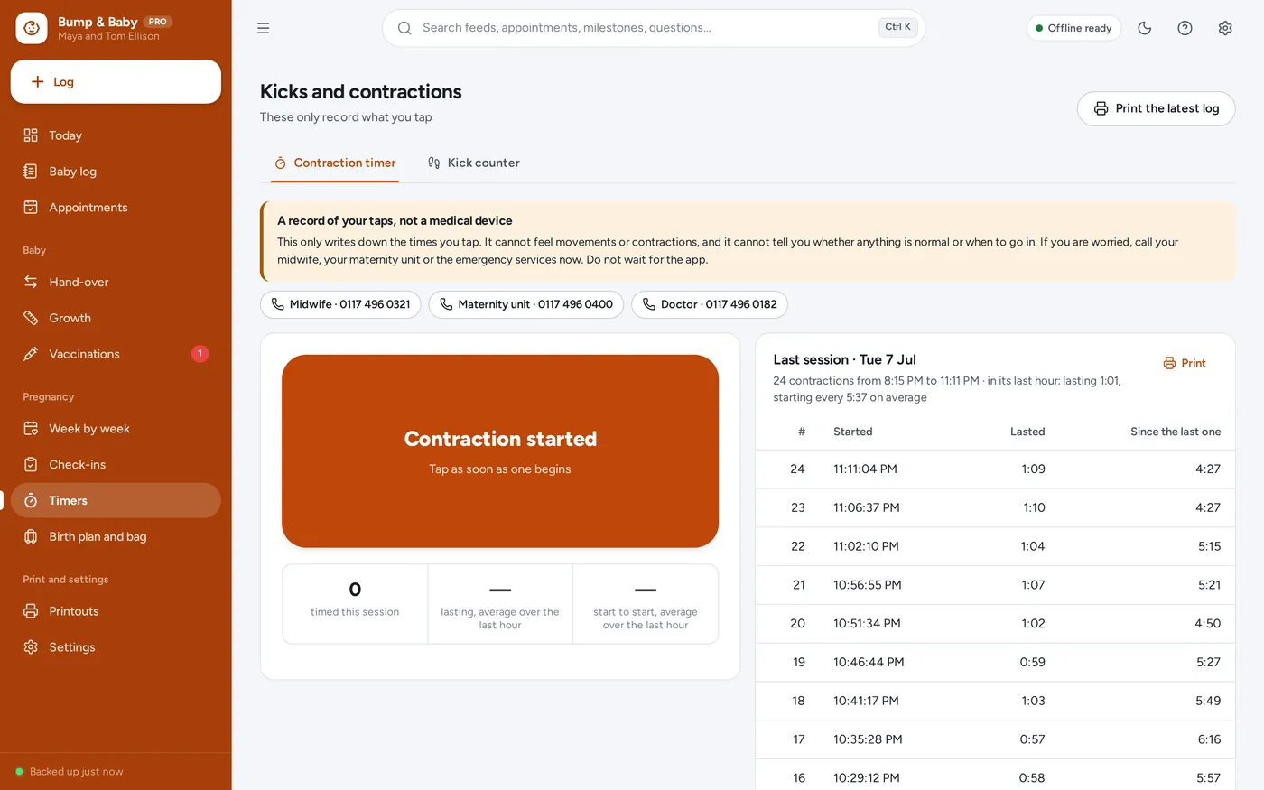 Kick counter and contraction timer screen in Pregnancy & Newborn Tracker