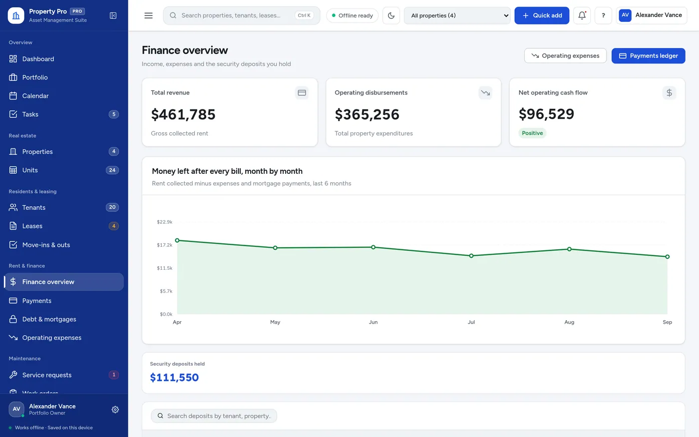 Rent & finance screen in Property Manager