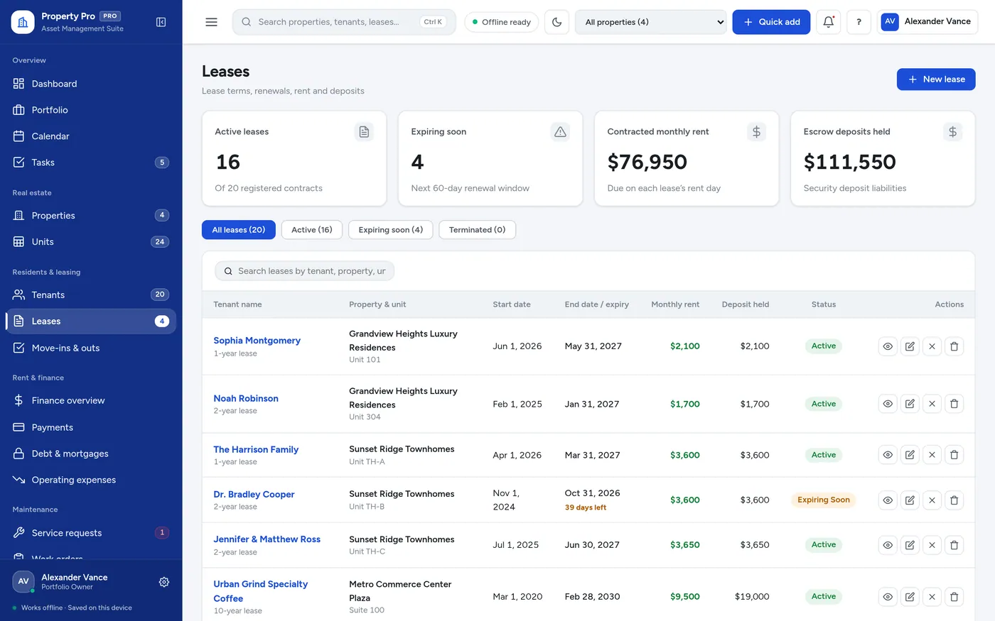 Leases screen in Property Manager