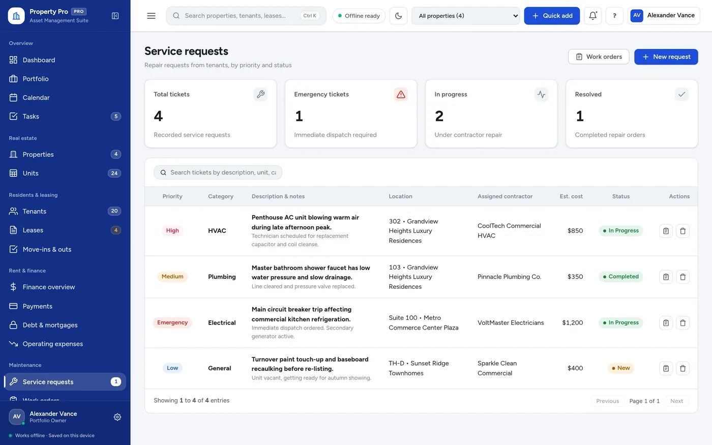 Maintenance screen in Property Manager