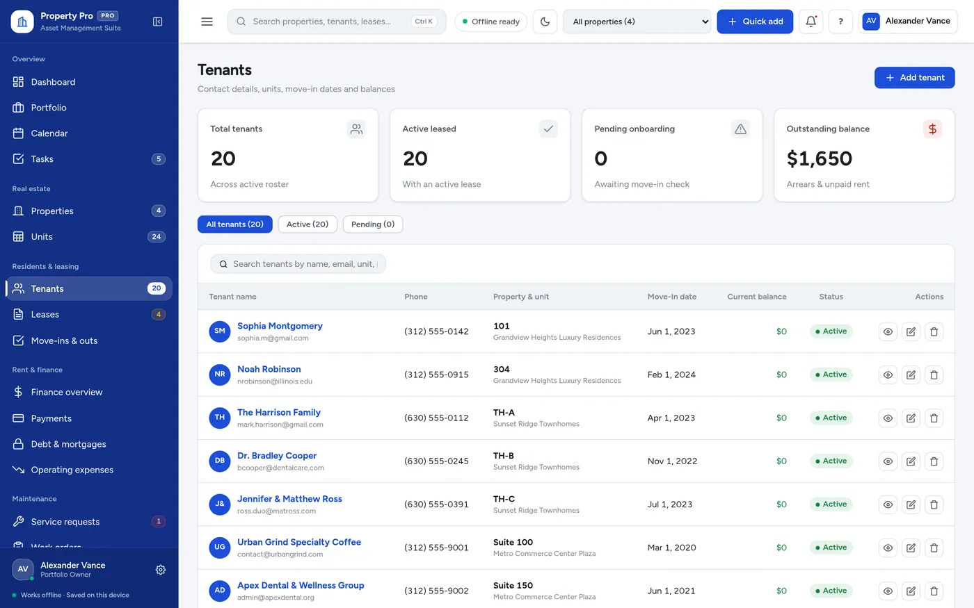 Tenants screen in Property Manager